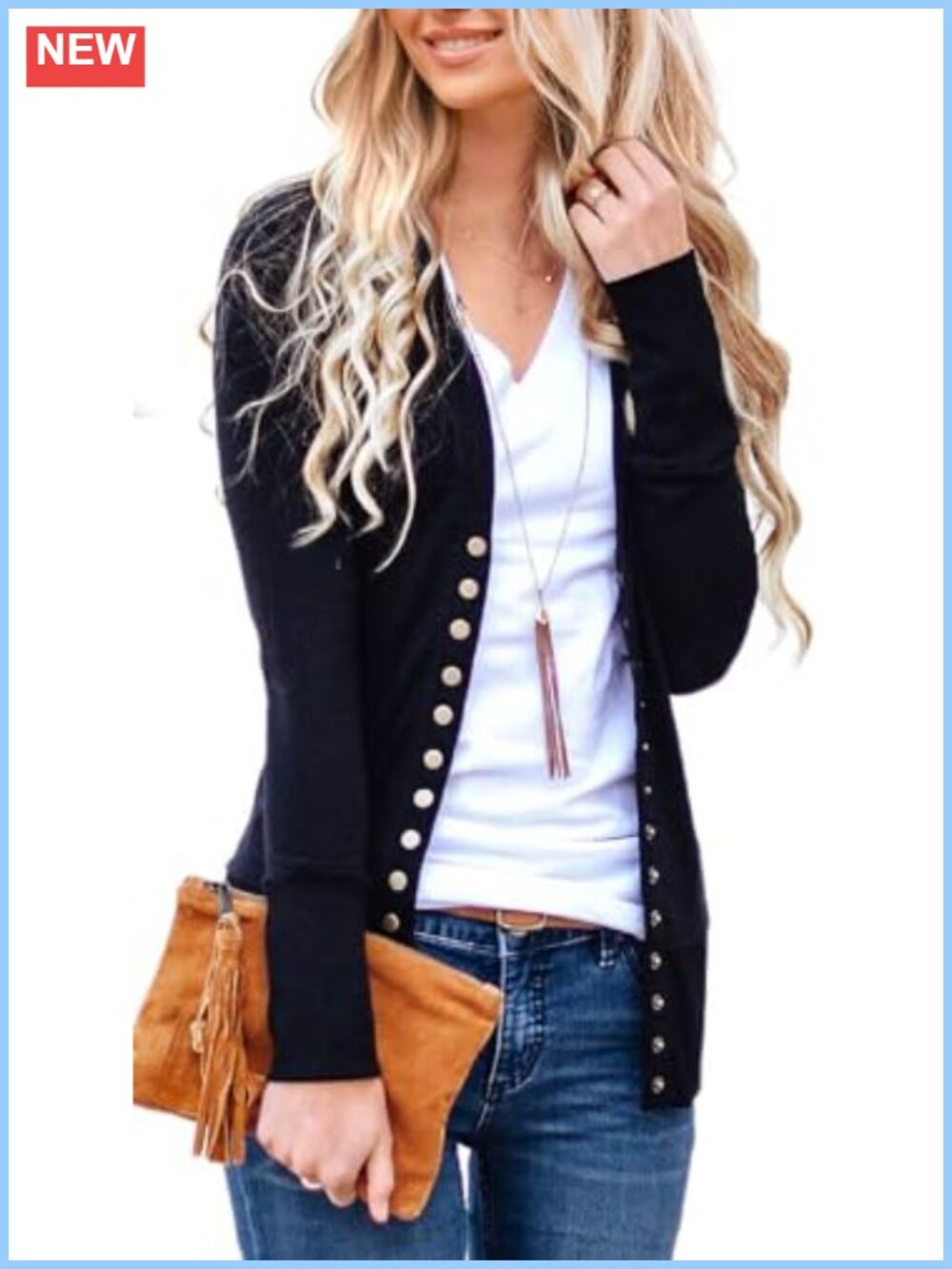 Lightweight Open Front Button Down Cardigan Long Sleeve Soft Knit V-Neck
